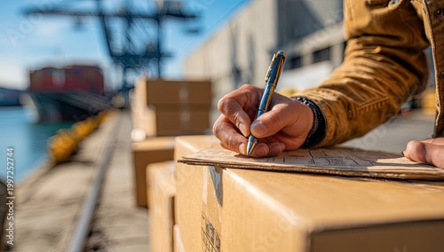 Logistics worker signing documents next to cargo containers at a busy port.