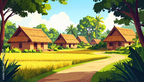 Framed tropical hamlet with curved path and rice fields. Thatched village homes surrounded by palms and greenery. Warm rural settlement for eco travel and culture artwork