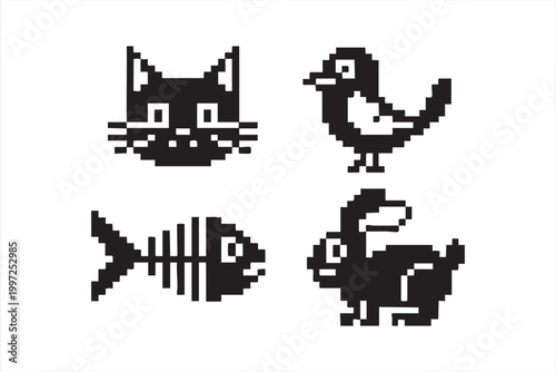 Minimal pixel art icons for cat bird fish skeleton and rabbit