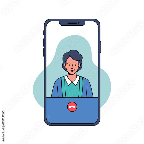 Smartphone displaying a video call with a woman's face, depicting online communication, virtual meetings, and remote interaction.