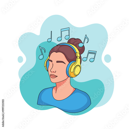 Woman wearing yellow headphones, surrounded by musical notes, symbolizing music, audio entertainment, and listening.