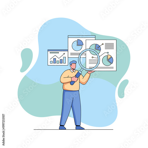 Man with a magnifying glass examining charts and graphs, representing data analysis, business intelligence, and market research.