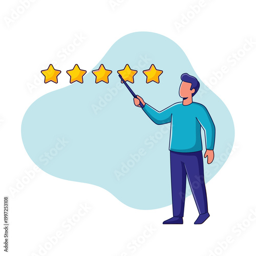 Man pointing at five yellow stars, representing customer rating, feedback, quality assessment, and positive reviews.