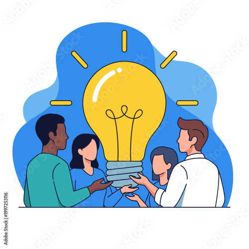 Diverse group of people holding a giant lightbulb, representing innovative ideas, teamwork, brainstorming, and creative solutions.