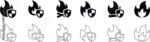 Secure fire icon with shield. Flame and protection symbol. Burn, blaze and hazard sign. Safety and guard concept