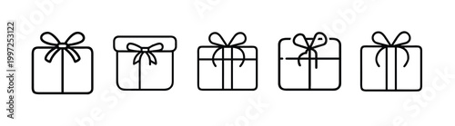 Gift box line icons set square present ribbon bow birthday holiday surprise package christmas delivery reward & more vector illustration with editable stroke.