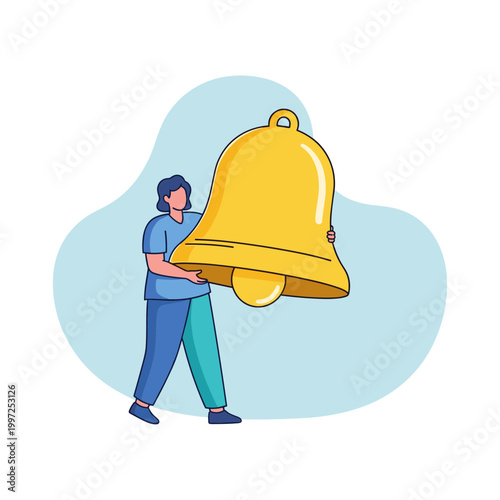 Woman holding a large golden bell, symbolizing notifications, alerts, announcements, and reminders in digital contexts.