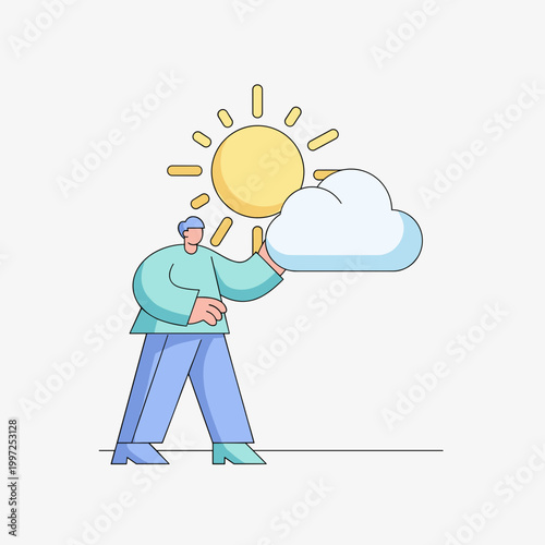 Man holding a sun and a cloud, representing weather, climate, forecast, meteorology, and environmental conditions.