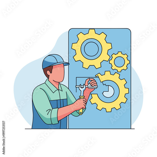 Man working on a machine with gears, holding a wrench, symbolizing repair, maintenance, engineering, and industrial work.