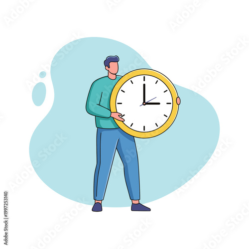 Man holding a large wall clock, representing time management, punctuality, deadlines, scheduling, and planning.