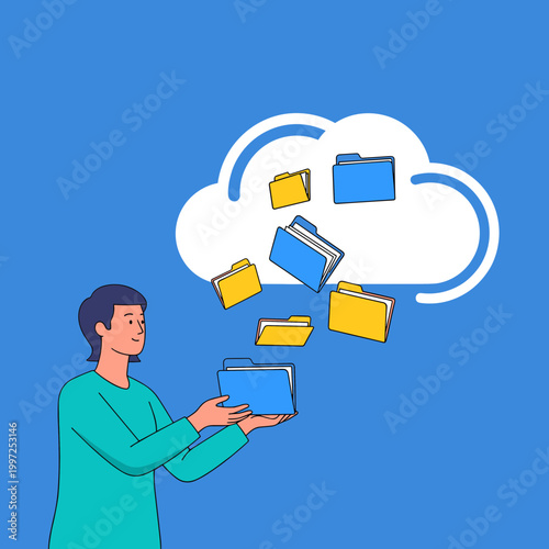 Man holding a folder, with several folders flying out of a cloud, depicting cloud storage, data management, and file organization.