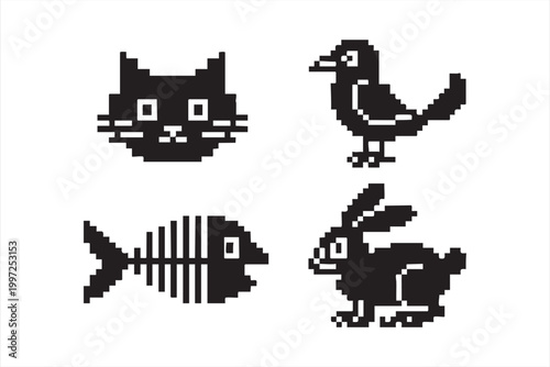 Pixel animal icons with cat bird fish and rabbit in retro style