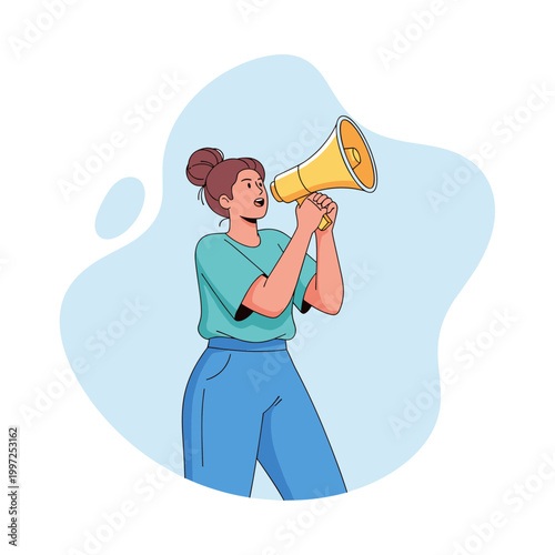 Woman holding a megaphone, representing announcements, marketing, promotion, public relations, and communication.