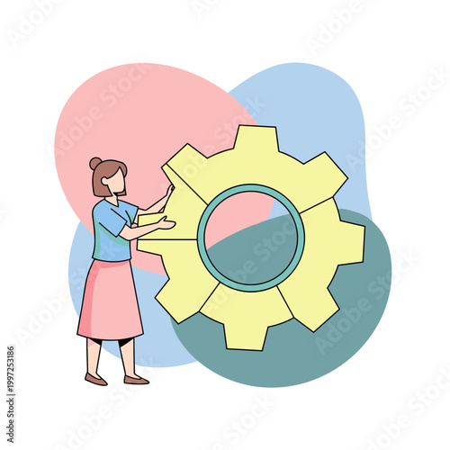 Woman interacting with a large yellow gear or cogwheel, symbolizing settings, mechanism, process, and system optimization.