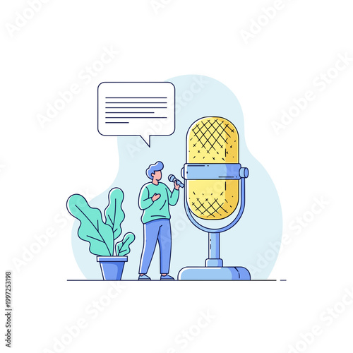 Man speaking into a large vintage microphone, representing podcasting, broadcasting, interviews, and audio communication.