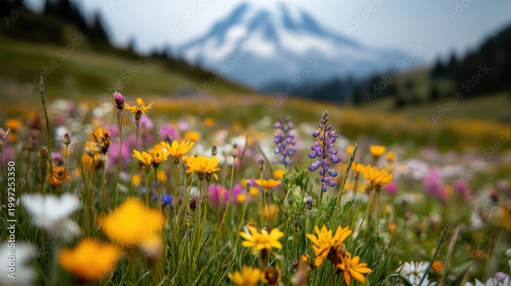 Obraz premium A breathtaking view of a meadow filled with colorful wildflowers in front of majestic mountains, representing the beauty of nature and the tranquility of outdoor landscapes.