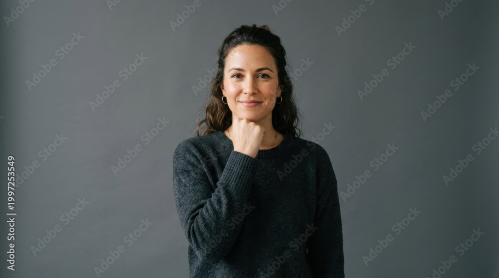 Obraz premium Confident mid-adult woman smiling while resting her chin on her fist, posed against a solid dark gray studio background under soft professional lighting for branding and corporate headshots.