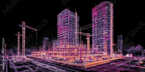 Futuristic Cityscape Construction Site with Neon Wireframe Buildings and Cranes.