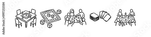 Hand-drawn doodle set of tabletop board game icons including dice, cards, and people playing together. Vector illustrations for leisure, hobbies, family fun, and gaming themes.
