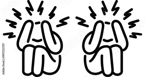 Chronic Headache and Stress Icon, Bold Black Outline Figure with Migraine and Anxiety Symptoms, Mental Health and Pressure Symbol Isolated on White