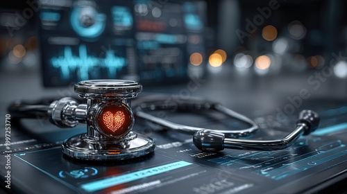 Stethoscope with Holographic Heart on Digital Medical Dashboard, Futuristic Cardiovascular Health Monitoring and Telemedicine Diagnostic System