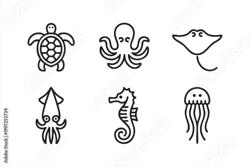 Minimal marine creatures symbols for underwater and ocean design
