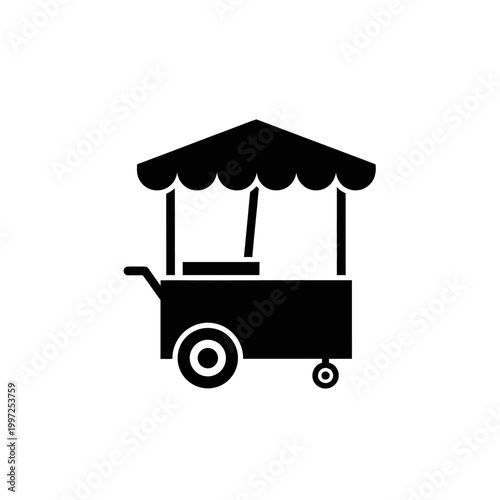 Black silhouette of a food cart with a canopy and wheels, ready for business.