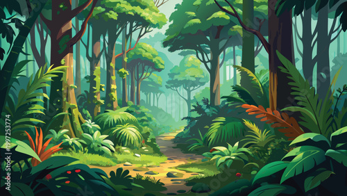 Beautiful lush green jungle landscape with tall trees and a small dirt path winding through the thick tropical forest Vector