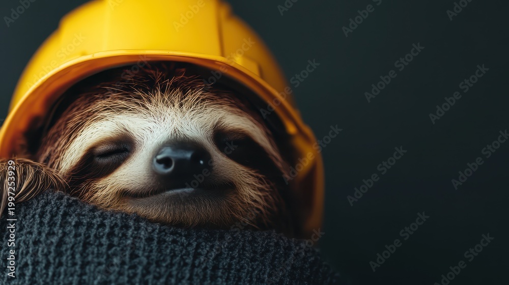 Obraz premium This adorable sloth wearing a yellow hard hat encapsulates a mix of cuteness and humor, reminding us to take things slowly in life while still being prepared.