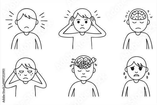 Simple line icons of emotional distress anxiety and headache in children