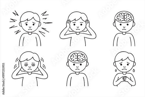 Mental wellness concept icons with child stress pain and sadness expressions