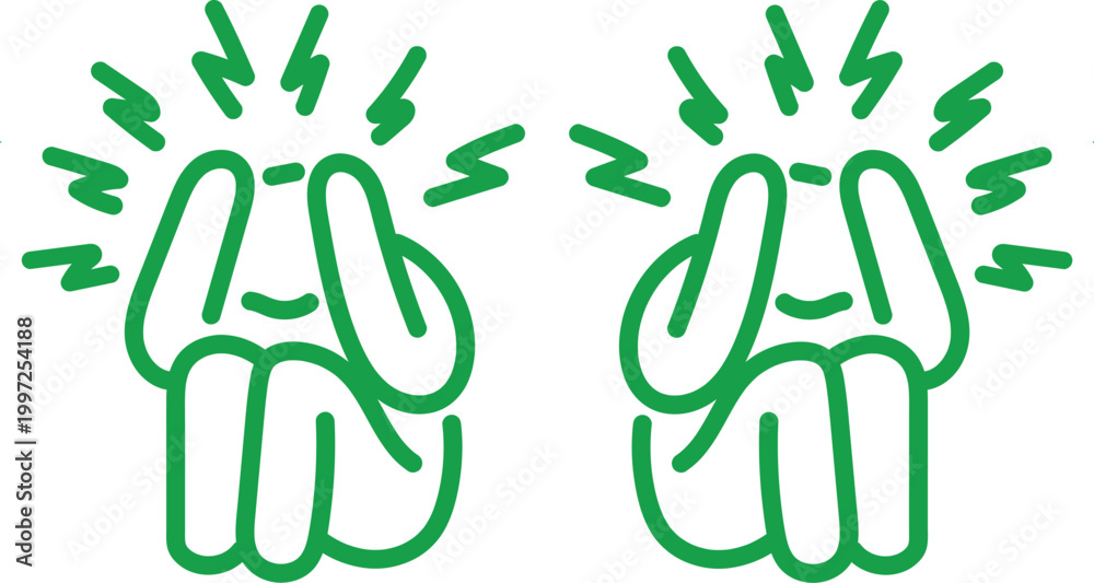 Naklejka premium Stress and Mental Health Awareness Icon, Green Outline Figure with Headache and Anxiety Symptoms, Psychological Pressure Symbol Isolated on White Vector