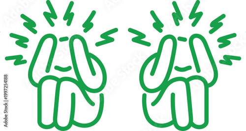 Stress and Mental Health Awareness Icon, Green Outline Figure with Headache and Anxiety Symptoms, Psychological Pressure Symbol Isolated on White Vector