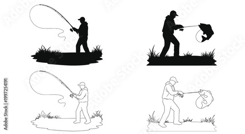 fisherman silhouette fishing rod grassy bank silhouette