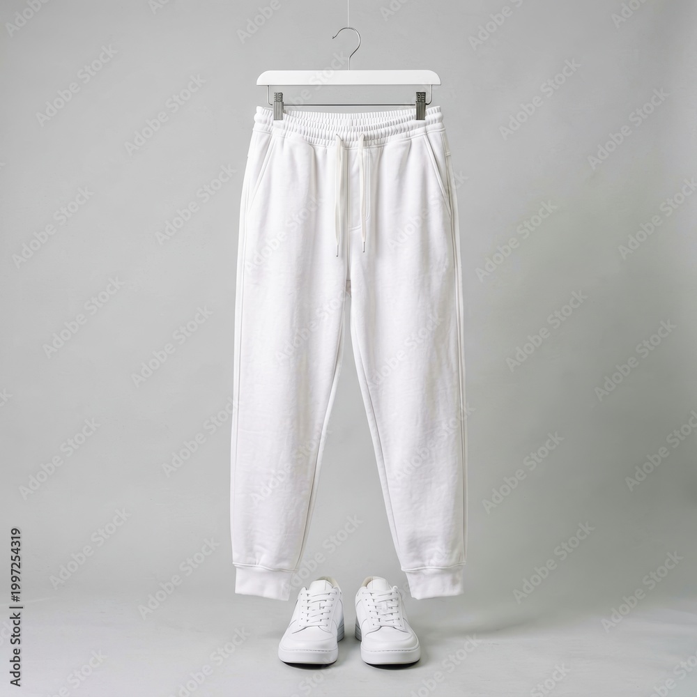 Fototapeta premium White Drawstring Joggers and Sneakers Displayed on Hanger