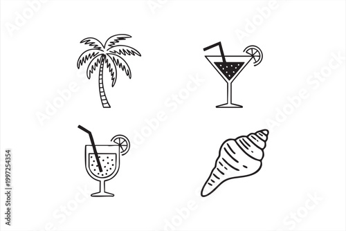 Palm tree cocktail and shell icons for summer travel design