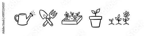 Foto Black and white hand-drawn gardening icon set featuring watering can, trowel, fork, seedlings, potted plant, and flower growth stages