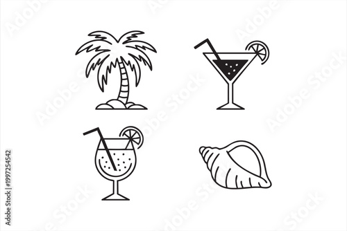 Tropical vacation icons with palm tree cocktail and seashell symbols
