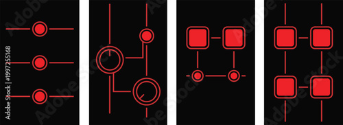 Abstract Technology Interface Icon Set with Nodes, Connections, and Control Elements in Neon Red Style for UI Design, Networking, and Digital Systems