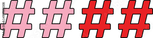 Hashtag Symbol Icon Set in Red and Pink Flat Style Vector Illustration for Social Media Tags, Trends, Marketing, and Digital Communication Design