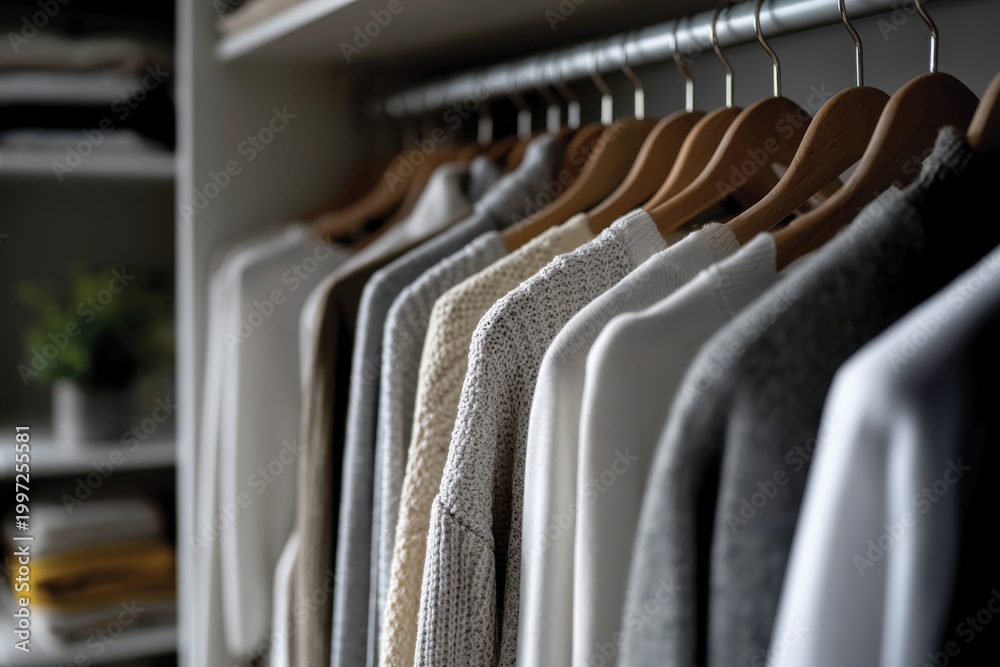 Obraz premium An organized closet showcasing various hanging sweaters, creating a visually pleasing display of texture and color in a contemporary home environment.