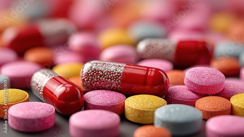 Assorted Colorful Medication Pills and Extended-Release Capsules, Pharmaceutical Dosage Forms for Healthcare, Pharmacy Marketing, Health Education and Medical Visual Projects