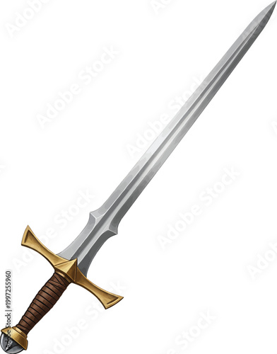 Single medieval knight broadsword with metallic silver blade and golden cross guard handle detailed fantasy warrior weaponry isolated on white background art