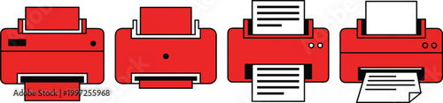 Red Printer Icon Set with Paper Output in Flat Style Vector Illustration for Office Equipment, Printing Devices, Documents, and Business Technology Design