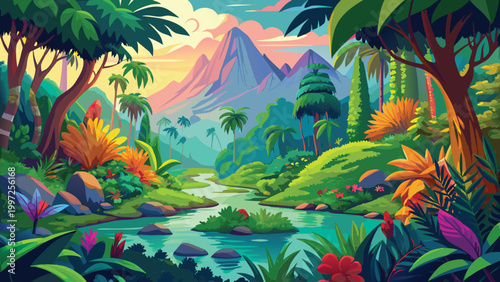Colorful tropical jungle landscape with a peaceful river flowing through lush green trees and mountains at sunset time Vector