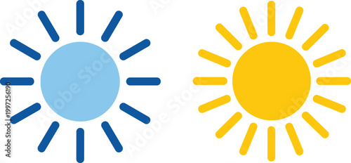 Sun Icon Set in Blue and Yellow Flat Style Vector Illustration for Weather Apps, Forecast Symbols, Summer Design, and Climate Related Graphics