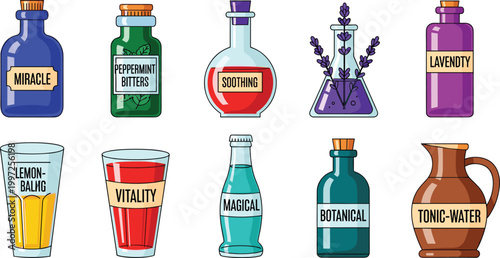 Herbal and Magical Drink Vector Set Featuring Botanical Bitters, Lavender Infusions, Tonic Water, and Wellness Elixirs for Natural Beverage Illustrations