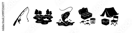 Set of black and white fishing and camping icons featuring a fishing rod, lake, fish, tackle box, and a camping tent. Perfect for outdoor adventure graphics.