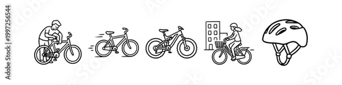 Minimalist line art collection featuring bicycle repair, a moving bike, a mountain bike, a city cyclist, and a helmet. Clean vector icons for cycling and transportation themes.
