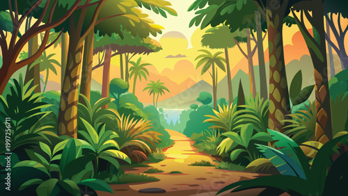 Beautiful tropical rainforest landscape with a dirt path leading through green trees and plants under a bright sunset sky Vector